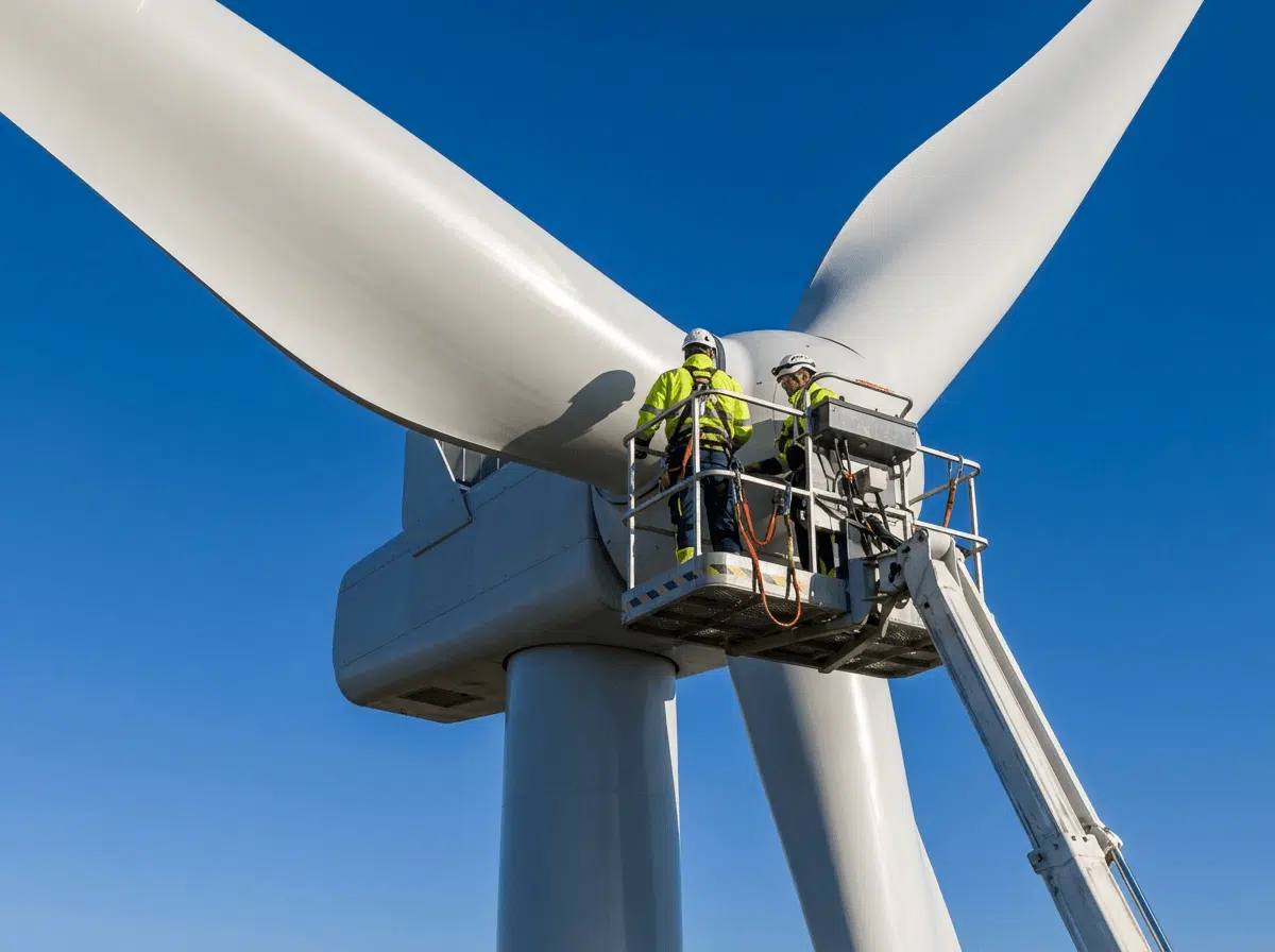 Firefly Gemini Flash Technicians performing maintenance on a large white wind turbine standing on an elev